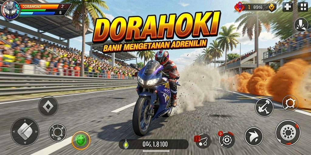 Gameplay DORAHOKI yang seru dengan motor balap di lintasan