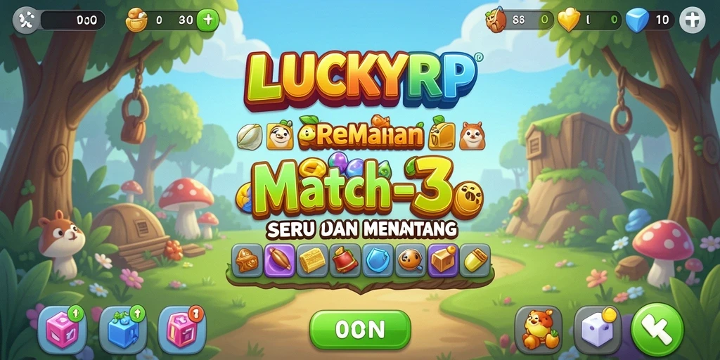 Screenshot utama LUCKYRP menampilkan aksi gameplay Match-3 yang menarik.