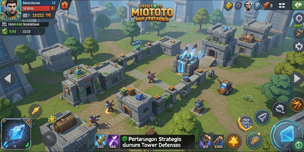 Screenshot MIOTOTO menampilkan aksi pertarungan Tower Defense yang menegangkan.