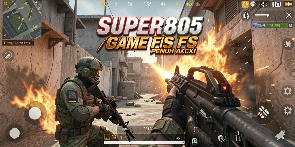 Screenshot SUPER805 menampilkan aksi tembak-menembak yang mendebarkan.
